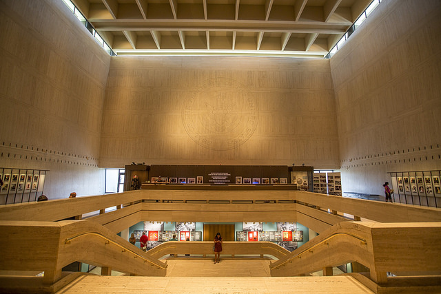 View down the stairs of the Great Hall of the LBJ Presidential Library